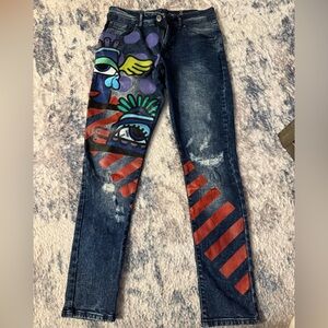 Stylish Blue and Red Graphic Man Jeans